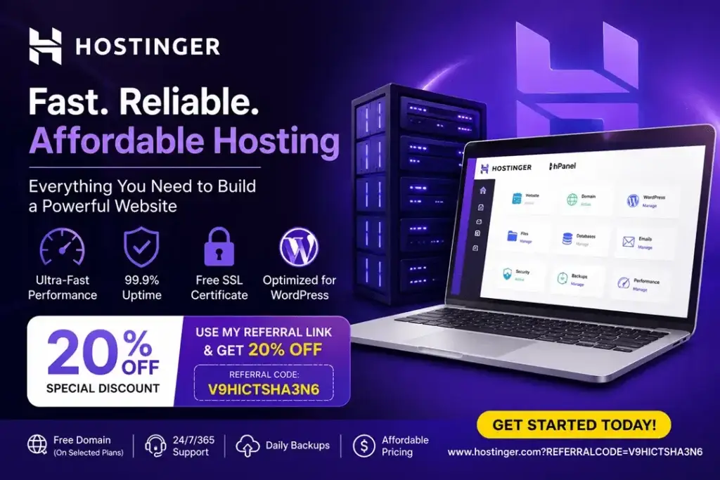 Hostinger Review 2026 – Why I Recommend Hostinger for WordPress Websites & Businesses 1 Professional Hostinger hosting promotional banner showing 20% OFF discount offer, fast web hosting, WordPress optimization, free SSL certificate, and Hostinger hPanel dashboard.