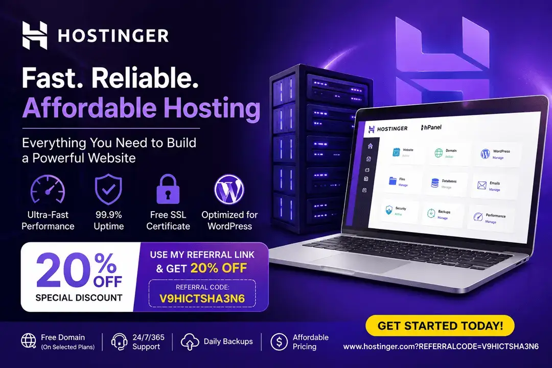 Professional Hostinger hosting promotional banner showing 20% OFF discount offer, fast web hosting, WordPress optimization, free SSL certificate, and Hostinger hPanel dashboard.